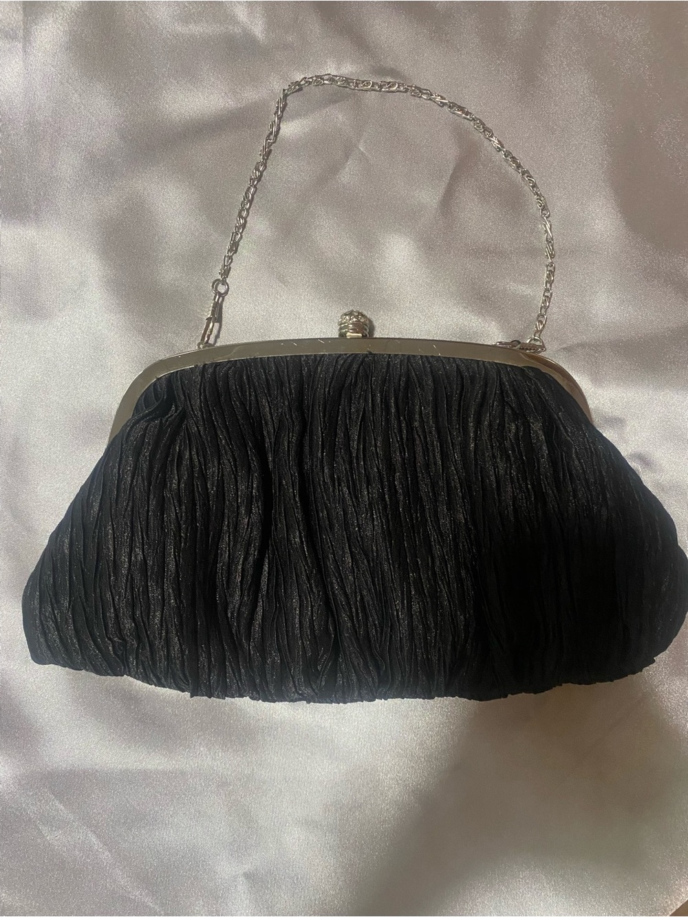 Neiman Marcus Black Ruched Evening Clutch with Silver Frame and Rhinestone clasp